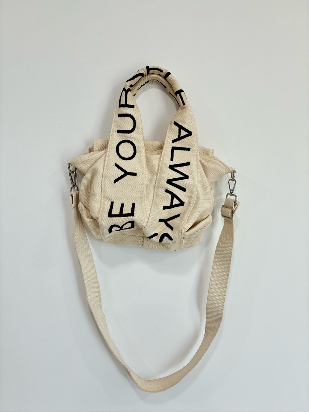 Zara Cream Canvas Shoulder Bag with Black Script Handles